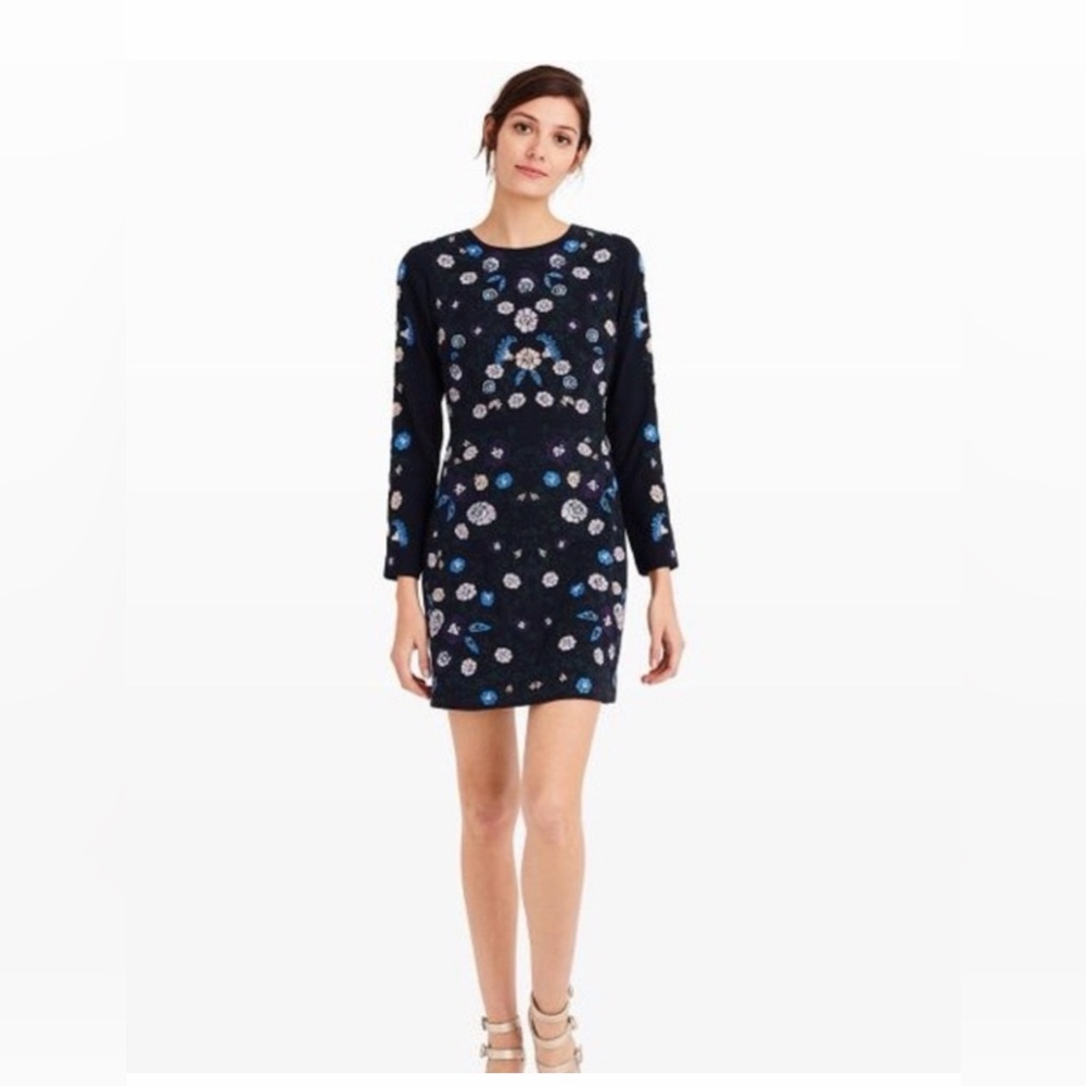 Club Monaco Long Sleeve Black Dress with Blue and Pink Floral Embroidery